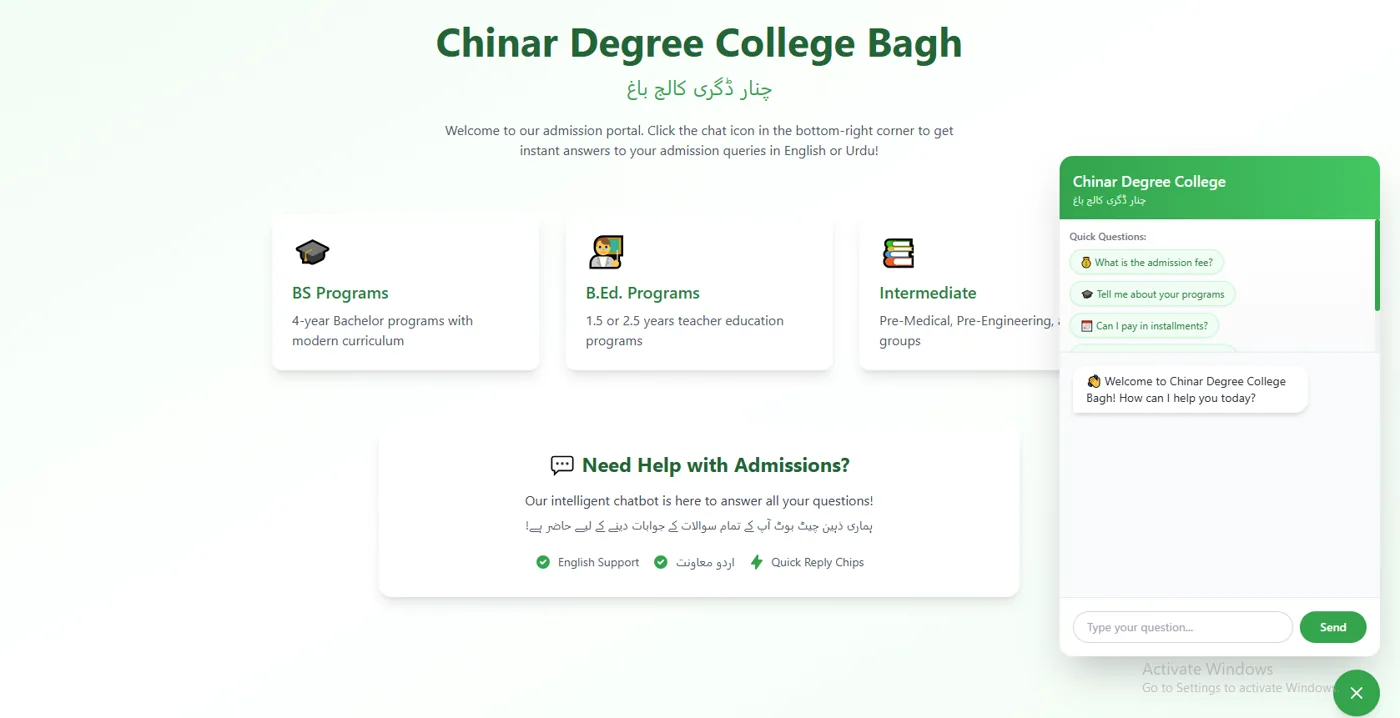 Chinar Degree College admission chatbot screenshot